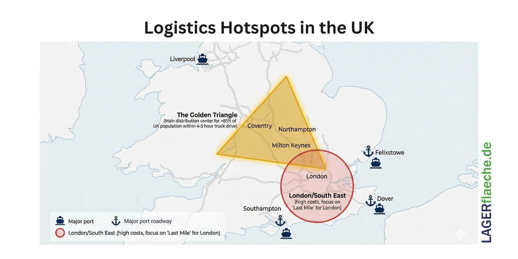 Map of United Kingdom logistics hotspots highlighting the Golden Triangle in the Midlands, major shipping ports, and London's last-mile delivery zone.